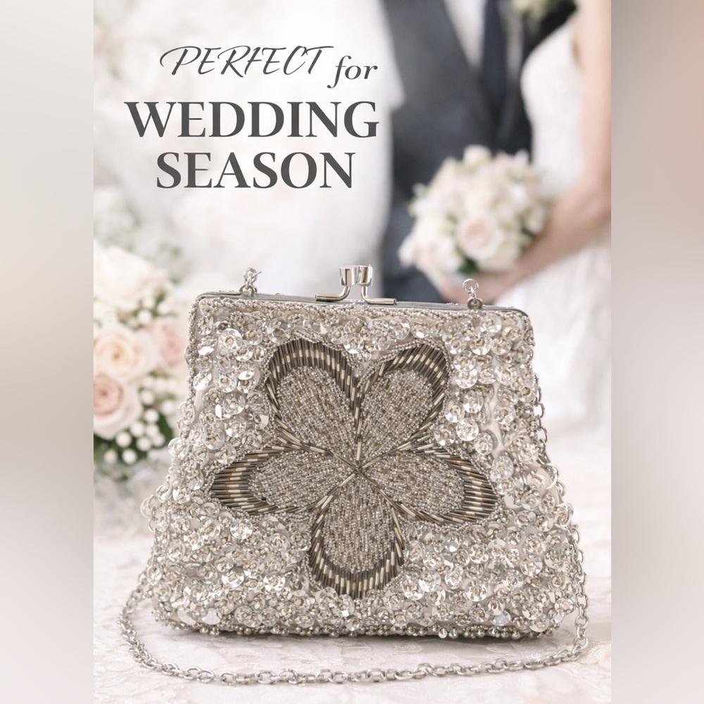 Beaded Sequin Evening Bag Silver Floral Chain Strap Clutch